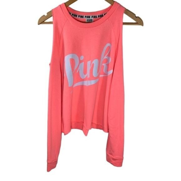 PINK Victoria’s Secret Cold Shoulder Sweatshirt Tank Coral Logo Graphic XS - Picture 1 of 11